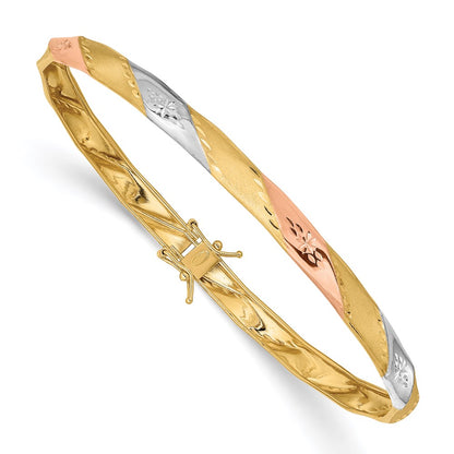 14k Yellow & Rhodium Gold w/White and Rose Rhodium Polished Satin D/C Flex Bangle