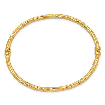 14k Yellow Gold Polished Textured Twisted Hinged Bangle