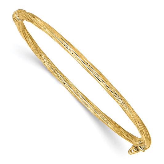 14k Yellow Gold Polished Textured Twisted Hinged Bangle