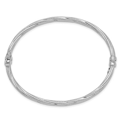 14k White Gold Polished Textured Twisted Hinged Bangle