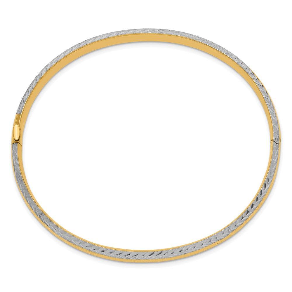 14k Yellow & Rhodium Gold 4/16 w/White Rhodium Diamond-Cut Hinged Bangle