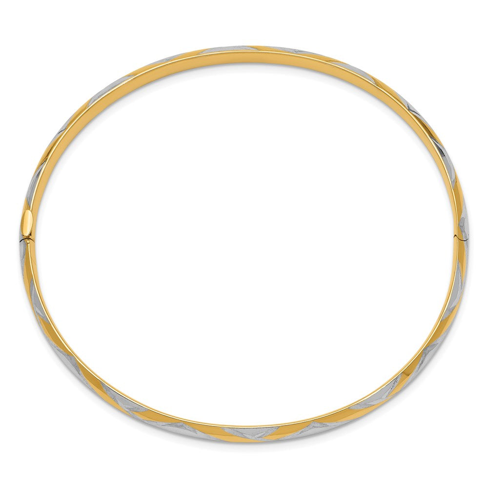 14k Yellow & Rhodium Gold 3/16 w/White Rhodium Textured Criss-Cross Hinged Bangle