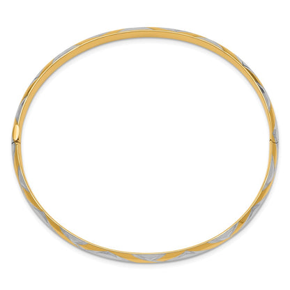 14k Yellow & Rhodium Gold 3/16 w/White Rhodium Textured Criss-Cross Hinged Bangle