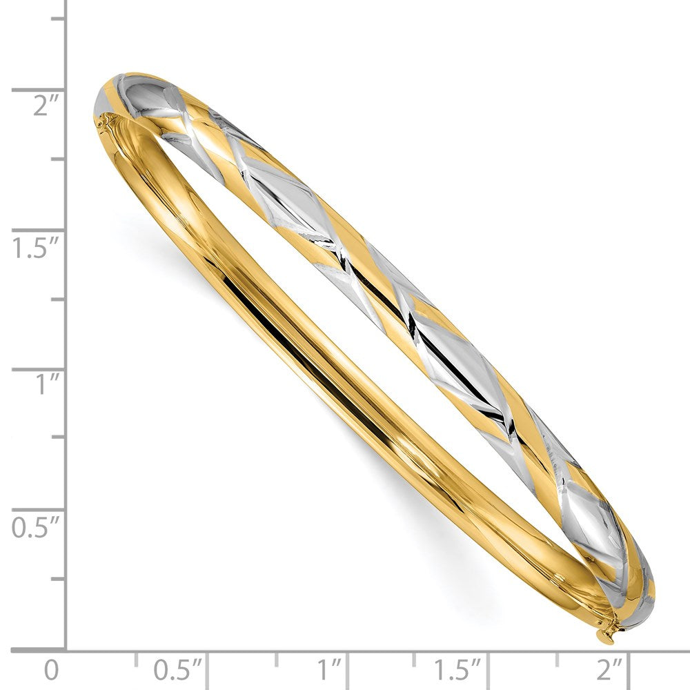 14k Yellow & Rhodium Gold 3/16 w/White Rhodium Textured Criss-Cross Hinged Bangle