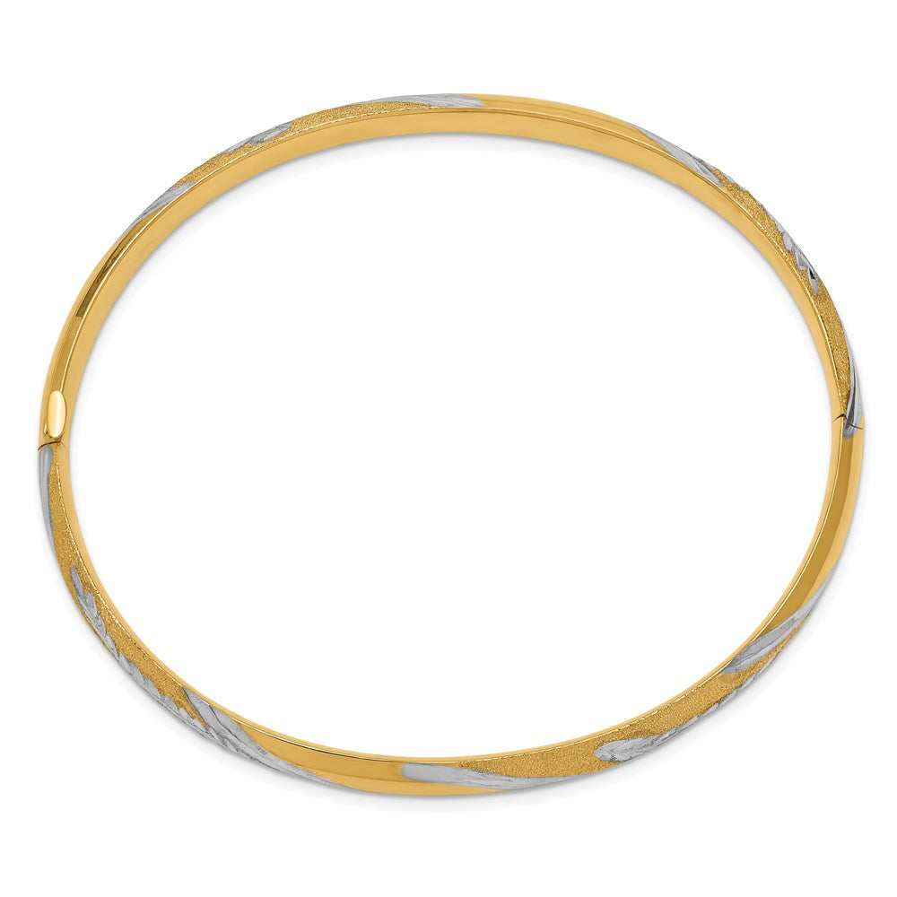 14k Yellow & Rhodium Gold w/White Rhodium Diamond-cut Leaf Twisted Design Hinged Bangle