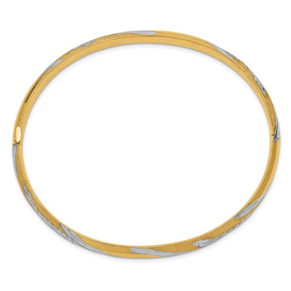 14k Yellow & Rhodium Gold w/White Rhodium Diamond-cut Leaf Twisted Design Hinged Bangle