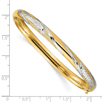 14k Yellow & Rhodium Gold w/White Rhodium Diamond-cut Leaf Twisted Design Hinged Bangle