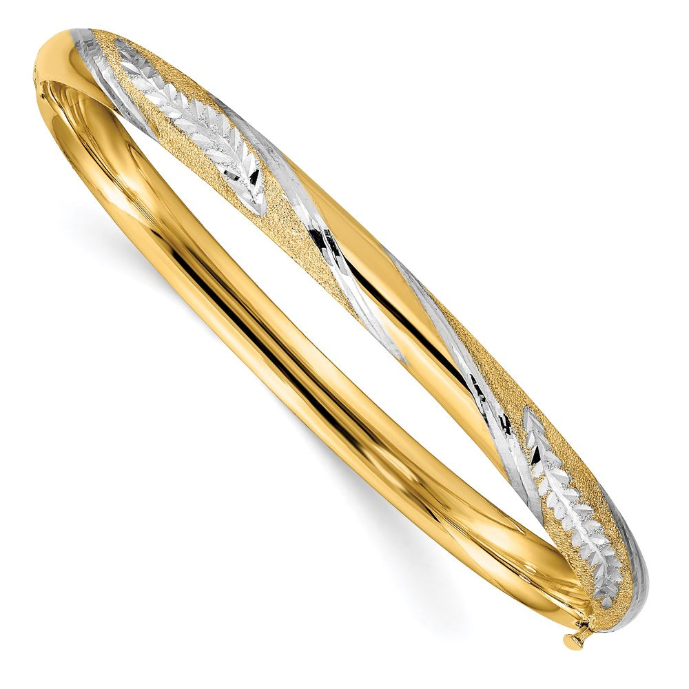 14k Yellow & Rhodium Gold w/White Rhodium Diamond-cut Leaf Twisted Design Hinged Bangle