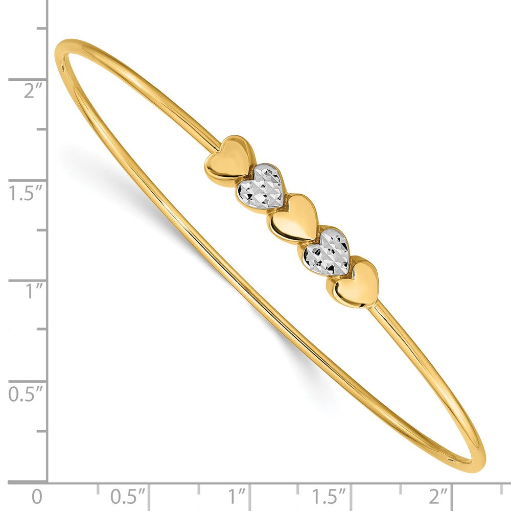 14k Yellow & Rhodium Gold & White Rhodium Polished D/C Hearts Slip On Bangle