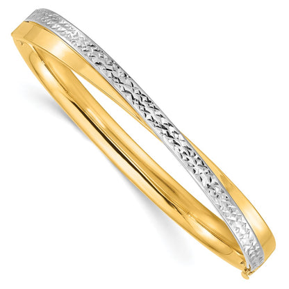 14k Yellow & Rhodium Goldy 4/16 White Rhodium Diamond-cut Bypass Hinged Bangle