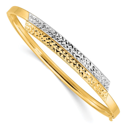 14k Yellow & Rhodium Goldy 2/16 White Rhodium Diamond-cut Overlap Hinged Bangle