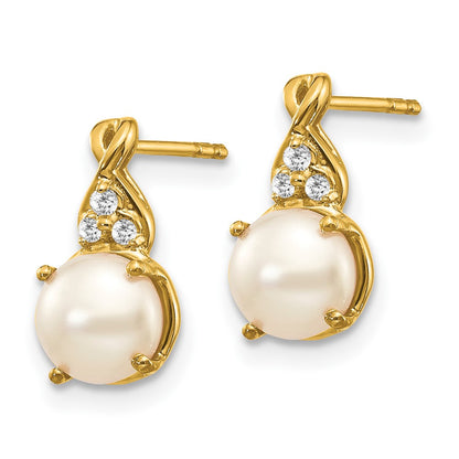 Solid 14k Yellow Gold FWC Pearl and Simulated CZ Earrings