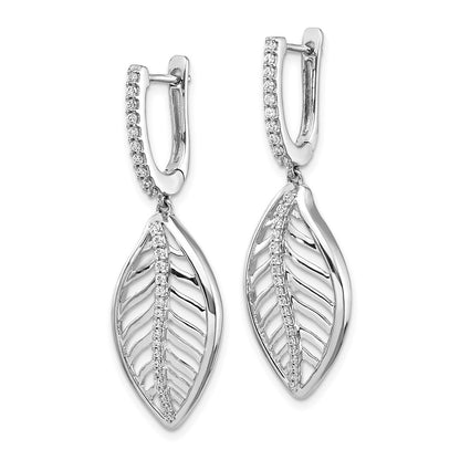Solid 14k White Gold Simulated CZ Leaf LeverbacK Earrings