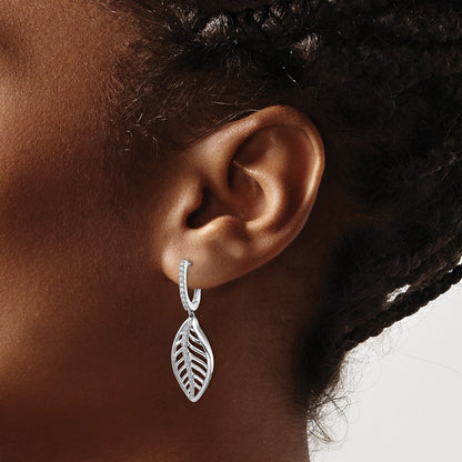 Solid 14k White Gold Simulated CZ Leaf LeverbacK Earrings