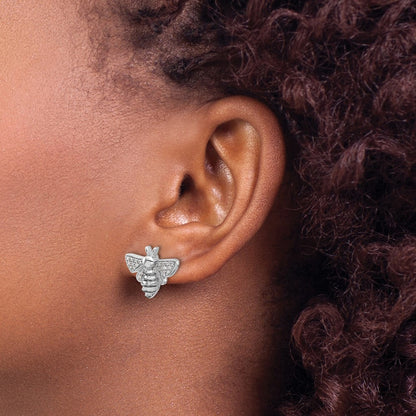 Solid 14k White Gold Simulated CZ Bee Earrings