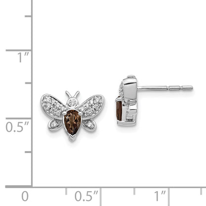 Solid 14k White Gold Simulated CZ and SmoKey Quartz Bee Earrings