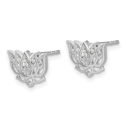 Solid 14k White Gold Simulated CZ Lotus Flower Earrings