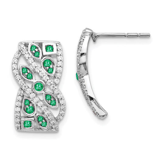 Solid 14k White Gold Simulated CZ & Emerald Fancy Earrings