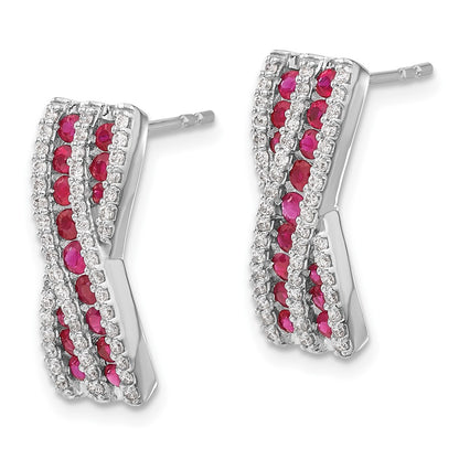 Solid 14k White Gold Simulated CZ and Ruby Fancy Earrings
