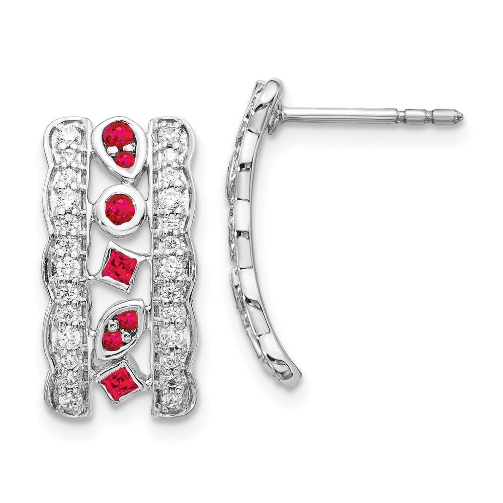 Solid 14k White Gold Simulated CZ & Ruby Fancy Earrings