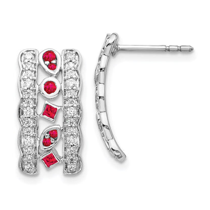 Solid 14k White Gold Simulated CZ & Ruby Fancy Earrings