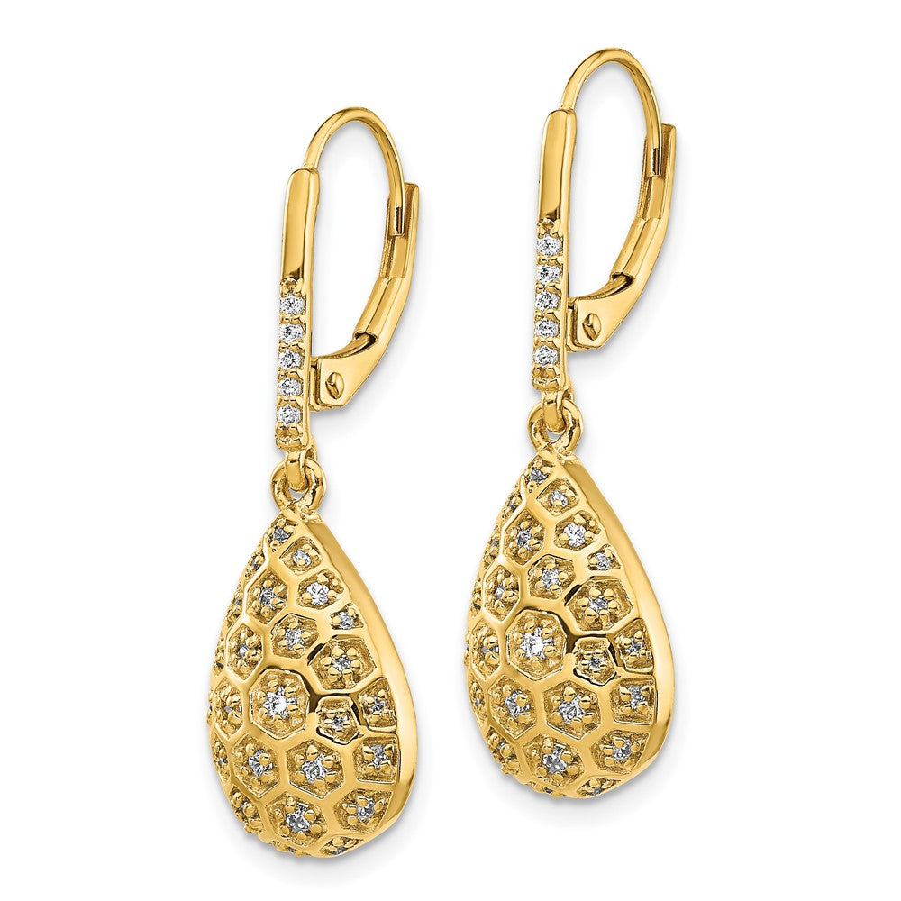 Solid 14k Yellow Gold Simulated CZ Honeycomb LeverbacK Earrings