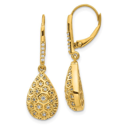 Solid 14k Yellow Gold Simulated CZ Honeycomb LeverbacK Earrings