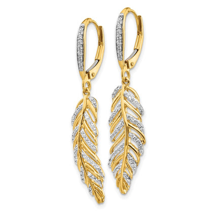Solid 14k Yellow Gold Simulated CZ Fancy Feather LeverbacK Earrings