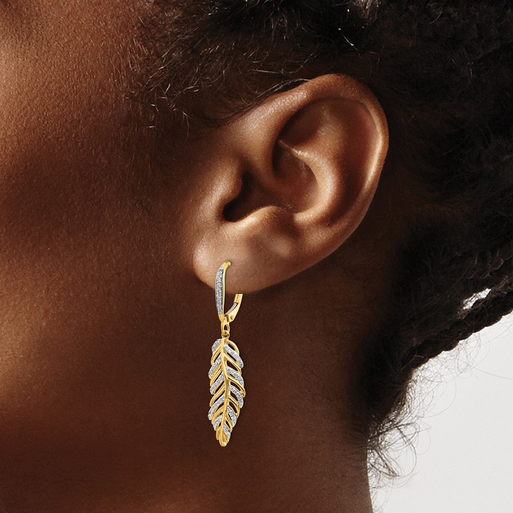 Solid 14k Yellow Gold Simulated CZ Fancy Feather LeverbacK Earrings