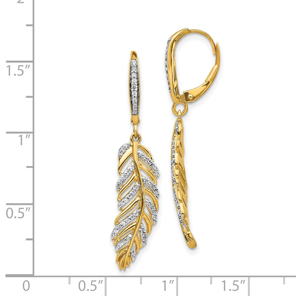 Solid 14k Yellow Gold Simulated CZ Fancy Feather LeverbacK Earrings