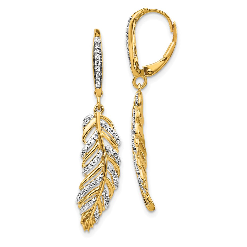 Solid 14k Yellow Gold Simulated CZ Fancy Feather LeverbacK Earrings