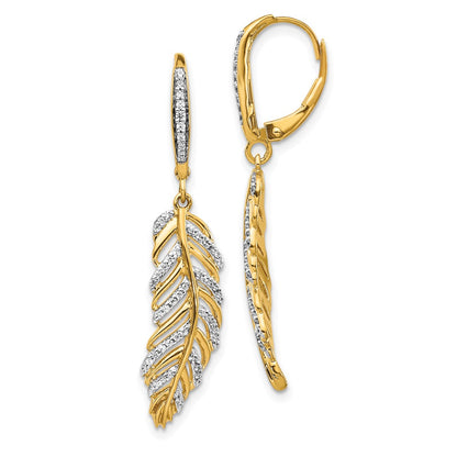 Solid 14k Yellow Gold Simulated CZ Fancy Feather LeverbacK Earrings