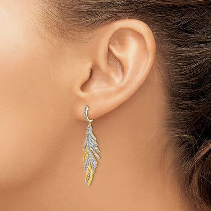 Solid 14k Yellow Gold Simulated CZ Fancy Feather Earrings