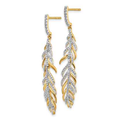 Solid 14k Yellow Gold Simulated CZ Fancy Feather Earrings