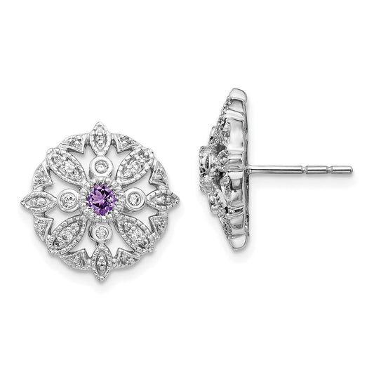 Solid 14k White Gold Simulated CZ and Amethyst Fancy Earrings