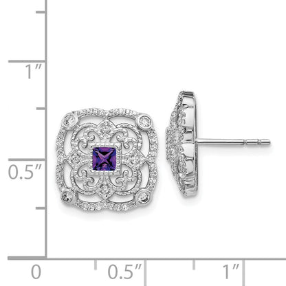 Solid 14k White Gold Simulated CZ and Amethyst Fancy Earrings