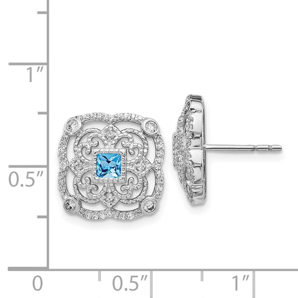 Solid 14k White Gold Simulated CZ & Blue Topaz Fancy Earrings