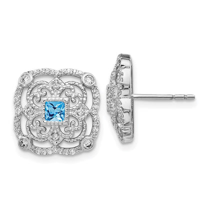 Solid 14k White Gold Simulated CZ & Blue Topaz Fancy Earrings
