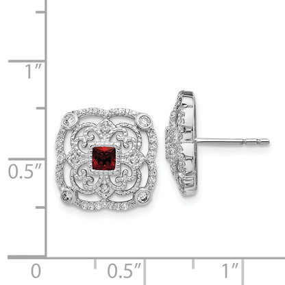 Solid 14k White Gold Simulated CZ and Garnet Fancy Earrings