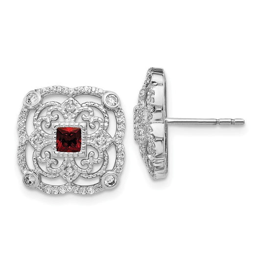 Solid 14k White Gold Simulated CZ and Garnet Fancy Earrings