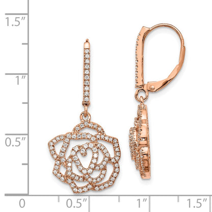 Solid 14k Rose Gold Simulated CZ Fancy Flower LeverbacK Earrings