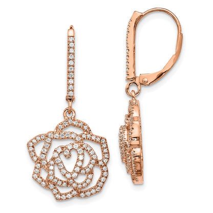Solid 14k Rose Gold Simulated CZ Fancy Flower LeverbacK Earrings