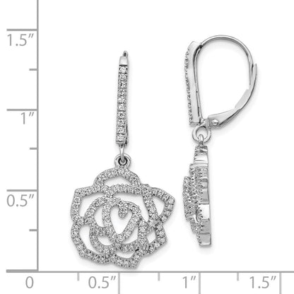 Solid 14k White Gold Simulated CZ Fancy Flower LeverbacK Earrings