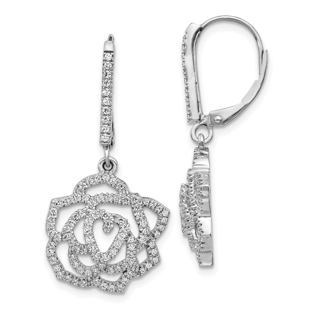 Solid 14k White Gold Simulated CZ Fancy Flower LeverbacK Earrings
