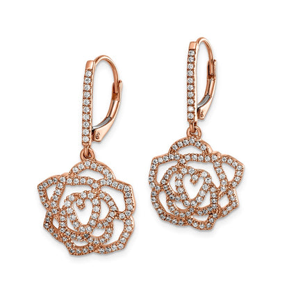 Solid 14k Yellow Gold Simulated CZ Fancy Flower LeverbacK Earrings