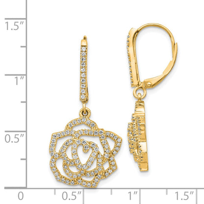 Solid 14k Yellow Gold Simulated CZ Fancy Flower LeverbacK Earrings