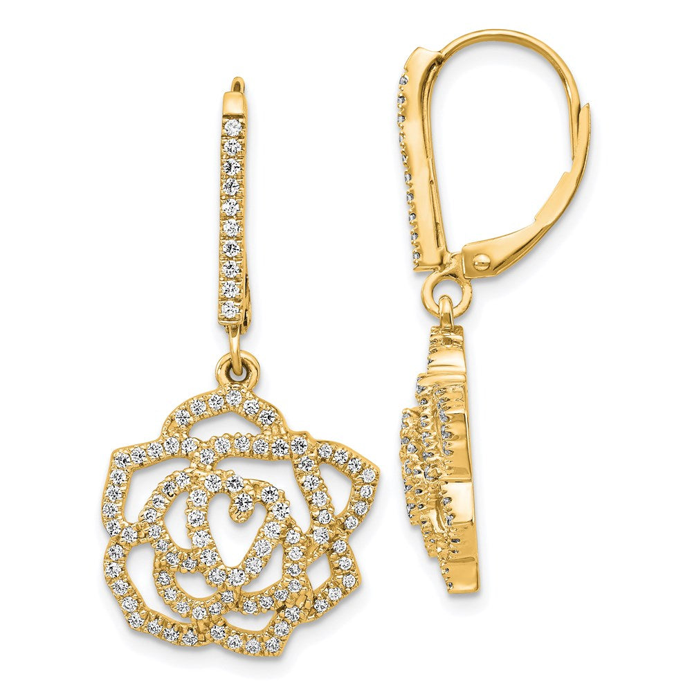 14k Yellow Gold Real Diamond Fancy Flower Leverback Earrings EM3959-075-YA