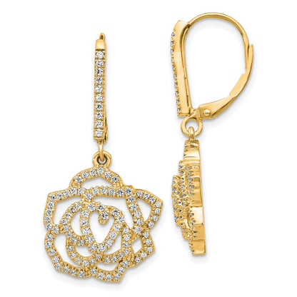 Solid 14k Yellow Gold Simulated CZ Fancy Flower LeverbacK Earrings