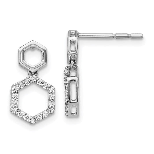 14k White Gold Real Diamond Fancy Hexagon Post Dangle Earrings EM3962-020-WA