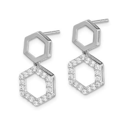 Solid 14k White Gold Simulated CZ Fancy Hexagon Post Dangle Earrings